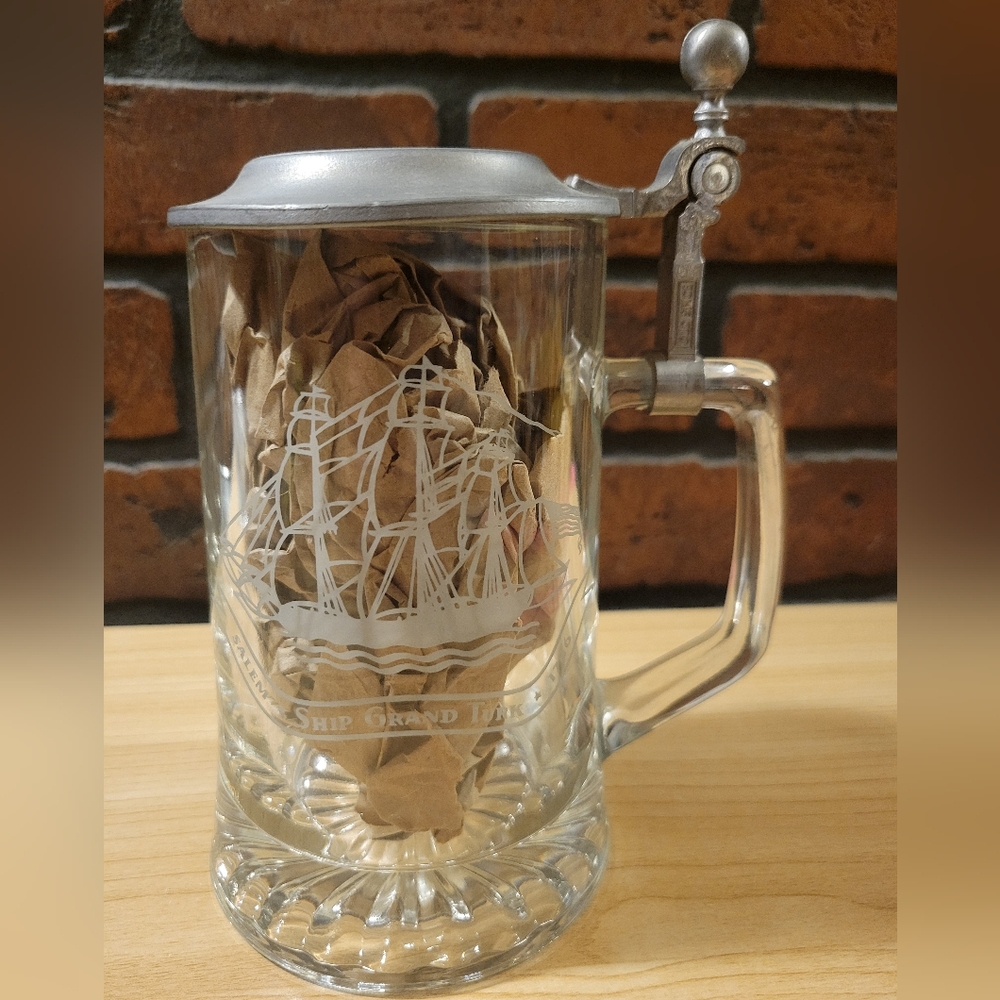 Vintage Old Spice Salem Ship Grand Turk 1786 Glass Stein with Lid
